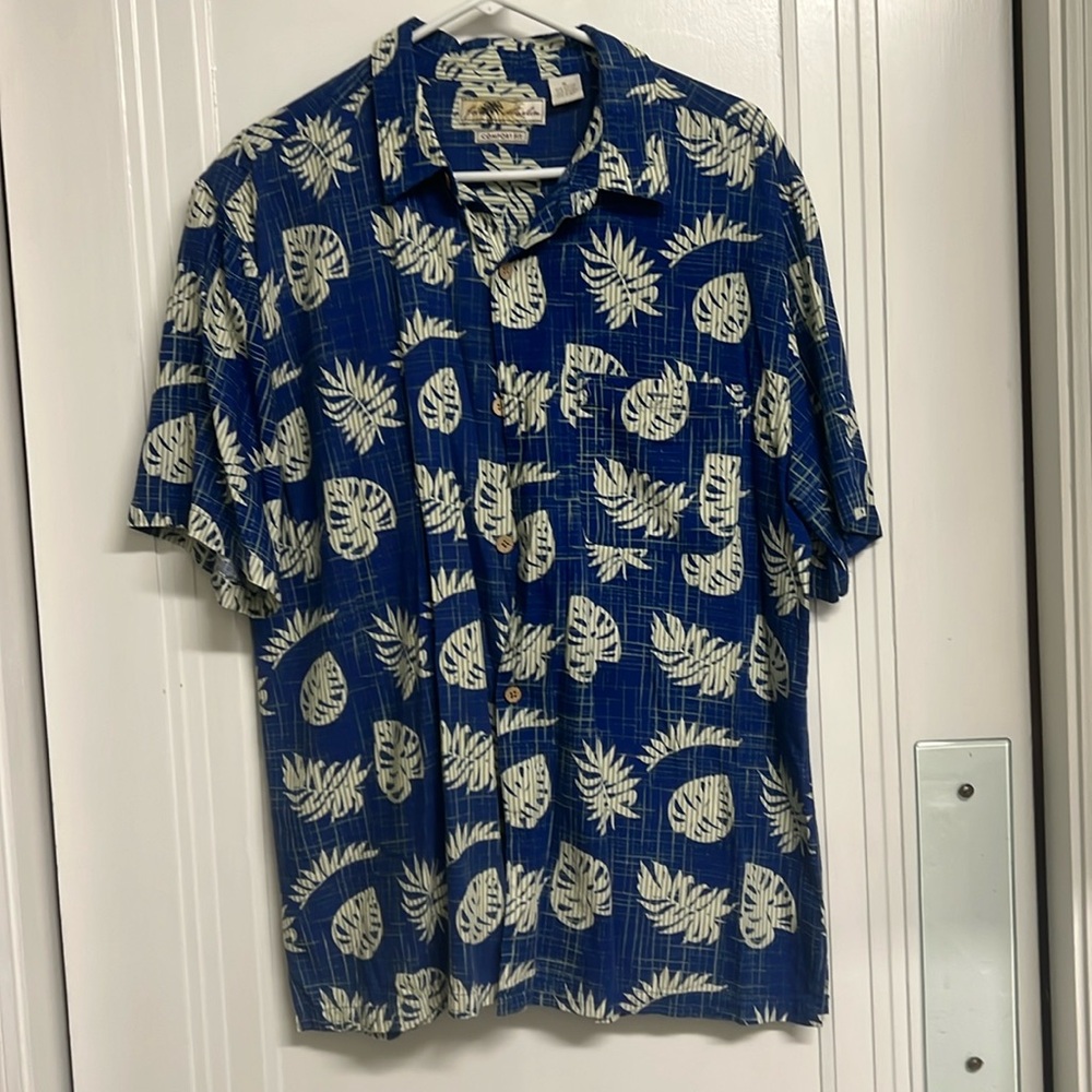 HAWAIIAN JOE MARLIN PALM FLORAL Blue Button Up SHIRT size XL dressy casual Beach